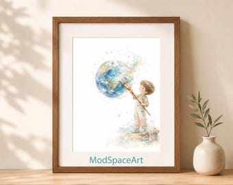Boy Nursery Wall Art, Little Artist Decor, Playroom Print, Watercolor Globe Poster, Painting Earth Digital Download, Whimsical Space Art