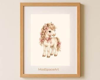Coquette Pony Nursery Wall Art, Pink Bow Baby Horse Print, Vintage Girl Room Decor, Farm Animal Poster, Printable Digital Download