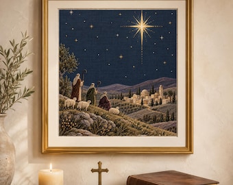 Nativity Star Shepherds Printable Wall Art, Christmas Christian Embroidery Style Digital Art Download, Digital Download
