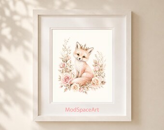 Princess Fox Nursery Wall Art, Pink Floral Woodland Animal Print, Baby Girl Room Decor, Watercolor Crown Fox Poster, Digital Download