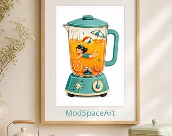 Mid Century Modern Kitchen Wall Art, Retro Whimsical Vintage Blender Print, Funny Orange Juice Poster, Printable Digital Download