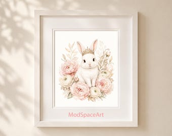 Princess Bunny Nursery Wall Art, Pink Floral Woodland Animal Print, Baby Girl Room Decor, Watercolor Crown Rabbit Poster Digital Download