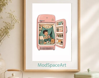 Retro Kitchen Wall Art, Whimsical Boy Playroom Decor, Mid Century Modern Print, Funny Fridge Camping Poster, Vintage Printable Download