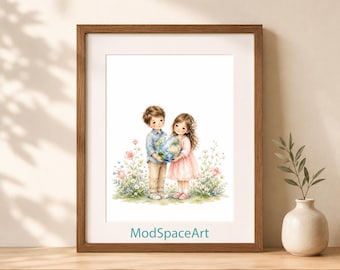 Earth Day Nursery Wall Art, Sibling Room Decor, Boy and Girl Holding Globe Print, Twins Nursery Poster, Classroom Digital Download