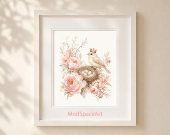 Princess Bird Nursery Wall Art, Pink Floral Nest Print, Baby Girl Room Decor, Watercolor Crown Bird Poster, Digital Download