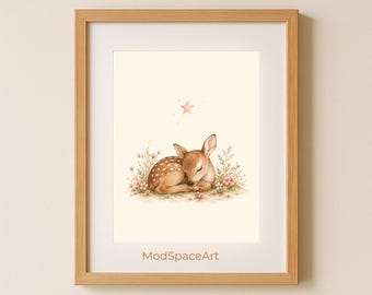 Watercolor Fawn Nursery Wall Art, Sleeping Baby Deer Print, Neutral Woodland Nursery Decor, Boho Kid Room Poster, Printable Digital Download