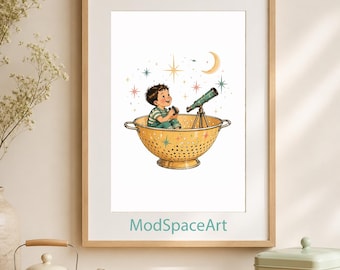 Mid Century Modern Kids Wall Art, Retro Space Boy Poster, Vintage Playroom Decor, Whimsical Kitchen Print, Printable Digital Download