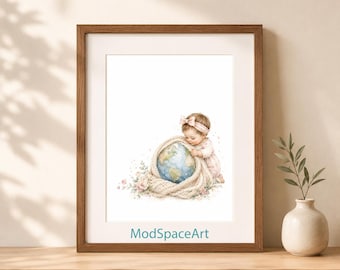 Earth Day Nursery Wall Art, Baby Girl Room Decor, Watercolor Globe Print, Girl Hugging Earth Poster, Cozy Planet Digital Download