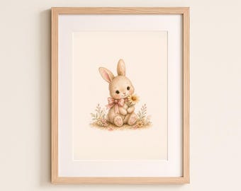 Watercolor Bunny Print | Baby Girl Nursery Wall Art | Vintage Animal Decor | Cottagecore Kids Room Poster | Digital Download