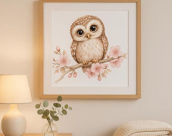 Owl Nursery Wall Art, Pink Floral Woodland Animal Print, Baby Girl Room Decor, Cute Watercolor Bird Poster, Printable Digital Download