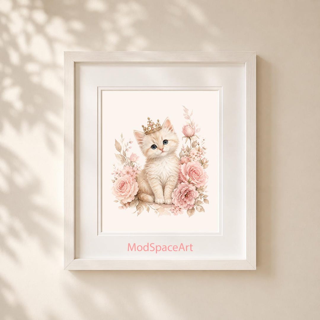 Princess Kitten Nursery Wall Art, Pink Floral Cat Print, Baby Girl Room ...