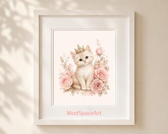 Princess Kitten Nursery Wall Art, Pink Floral Cat Print, Baby Girl Room Decor, Watercolor Crown Animal Poster, Printable Digital Download