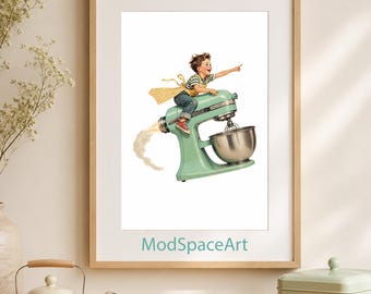 Retro Kitchen Wall Art, Mid Century Modern Print, Vintage Baking Poster, Play Kitchen Decor, Whimsical Boy Room Art, Printable Download