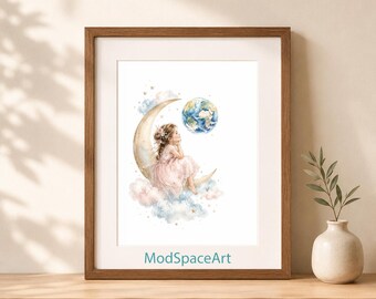 Celestial Nursery Wall Art, Dreamy Girl on Moon Print, Baby Girl Room Decor, Watercolor Earth Poster, Whimsical Space Digital Download