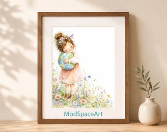 Earth Day Nursery Wall Art, Cute Girl Room Decor, Watercolor Globe Balloon Print, Whimsical Planet Poster, Playroom Digital Download