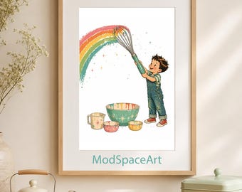 Vintage Boy Baking Poster, Rainbow Kitchen Wall Art, Kids Playroom Decor, Little Chef Nursery Print, Retro Magical Baking Digital Download