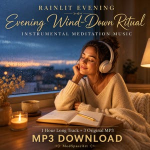 以下が含まれることがあります： Rainlit Evening Evening Wind-Down Ritual Instrumental Meditation Musicというタイトルのデジタルオーディオファイル。画像には、白いヘッドフォン、ベージュのセーターを着用した人物、金色のペンが置かれた開いたノート、キャンドル、花瓶が写っています。