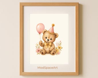 Teddy Bear Nursery Wall Art, Watercolor Baby Bear Print, Kids Room Decor Printable, Cute Birthday Bear Poster, Baby Shower Gift Digital