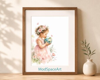 Earth Day Nursery Wall Art, Baby Girl Room Decor, Watercolor Globe Print, Girl Kissing Earth Poster, Nature Lover Digital Download