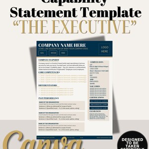 May include: A navy blue and white business capability statement template, labelled "THE EXECUTIVE". The template includes sections for company data, core competencies, and past performance. The Canva logo is visible at the bottom.