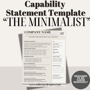 Peut inclure: Un modèle de déclaration de capacité minimaliste sur fond gris clair. Le document comprend des sections pour les informations sur l'entreprise, les compétences de base et les performances passées. Le texte "THE MINIMALIST" est en haut.