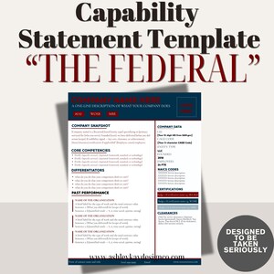 Peut inclure: Un modèle de déclaration de capacité bleu marine et blanc intitulé "THE FEDERAL". Le document comprend des sections pour les données de l'entreprise, les compétences de base, les différenciateurs et les performances passées.