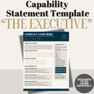 Może przedstawiać: Szablon dokumentu biznesowego zatytułowany „Capability Statement Template” z podtytułem „The Executive”. Szablon ma ciemnoniebieski nagłówek z tekstem „Company Name Here”. Dokument zawiera sekcje dotyczące przeglądu firmy, podstawowych kompetencji i dotychczasowych wyników.