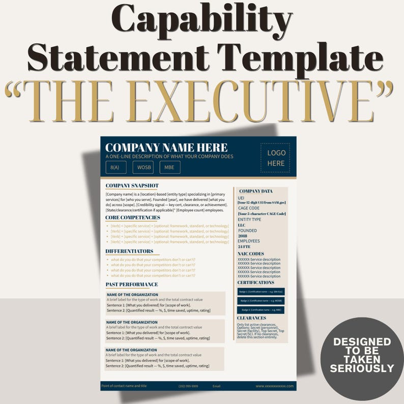 May include: A business document template titled "Capability Statement Template" with the subtitle "The Executive." The template has a dark blue header with the text "Company Name Here." The document includes sections for company snapshot, core competencies, and past performance.