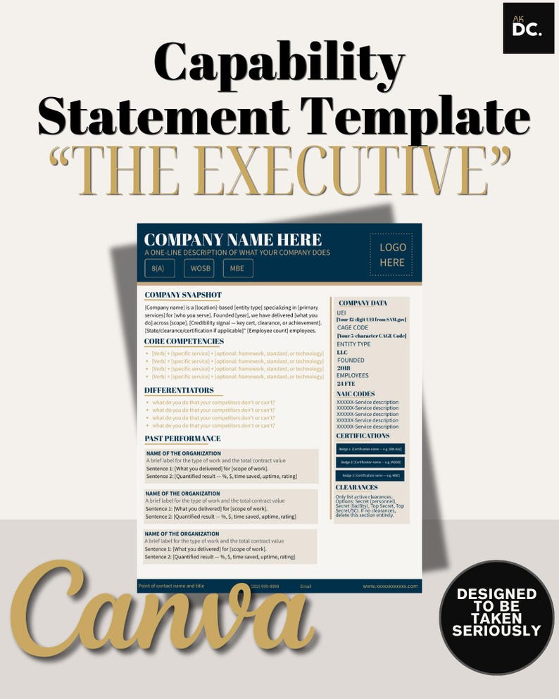 May include: A navy blue and white business capability statement template, labelled "THE EXECUTIVE". The template includes sections for company data, core competencies, and past performance. The Canva logo is visible at the bottom.
