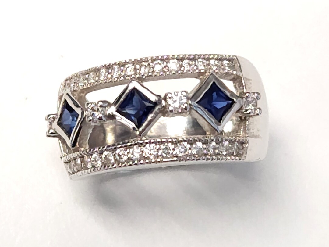 Vintage 14k Blue Sapphire & Diamond Wide Band Princess Cut Pave White