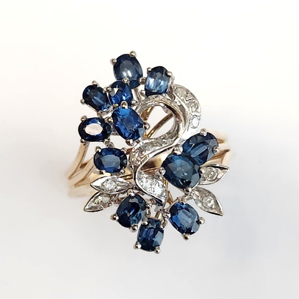 Vintage 14k Blue Sapphire & Diamond Cluster Cocktail Ring Yellow Gold Estate