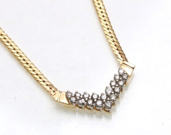 Vintage 14k Diamond "V" necklace 3/4 carat yellow white gold Estate