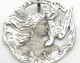 Vintage Art Nouveau Pendant Sterling Silver Fairy bird Circle Lady 1970&#39;s