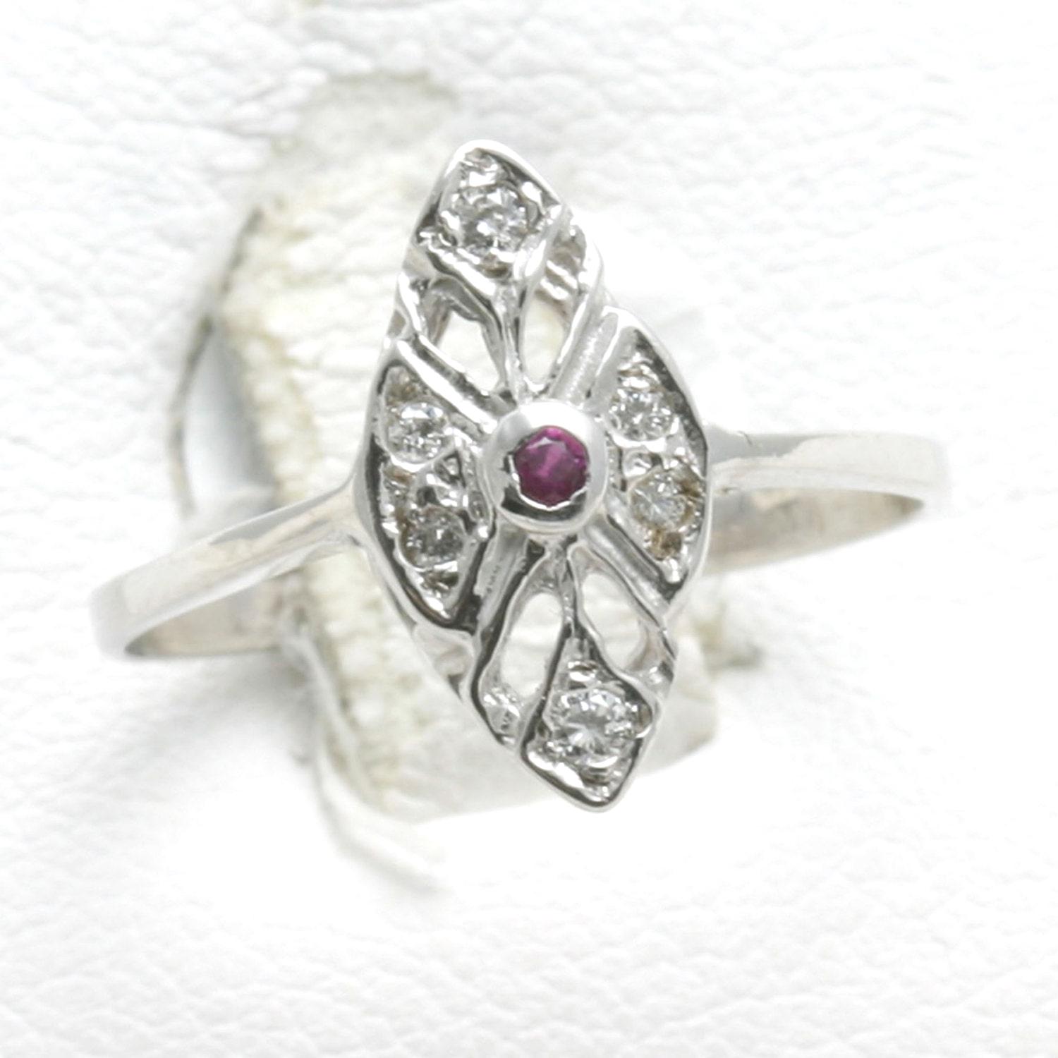 Vintage 14k white gold red Ruby Diamond Ring Victorian Dainty