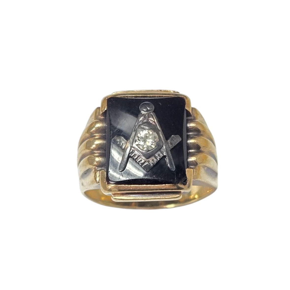 Vintage Masonic Ring 10k Yellow Gold Men's Onyx Signet Ring With