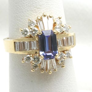 Vintage  TANZANITE Diamond cocktail Ring emerald cut blue purple 14k yellow gold