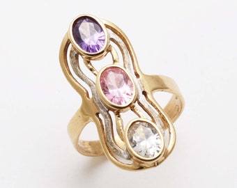 Vintage 14k 3 stone oval ring long Cubic Zirconia pink purple Estate yellow gold