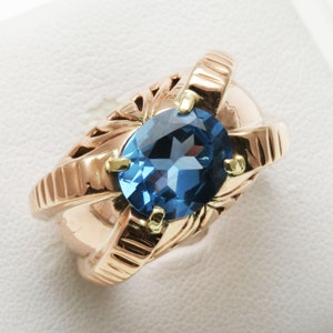 Vintage 14k rose gold 6 carat oval Blue Topaz Ring Large Bulky Estate Handmade