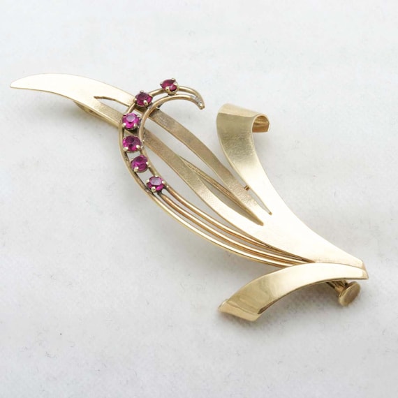 Estate 14k light rose gold red RUBY brooch Vines … - image 1