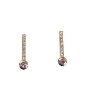 Vintage 14k yellow gold Pink Sapphire & Diamond Earrings Posts Handmade