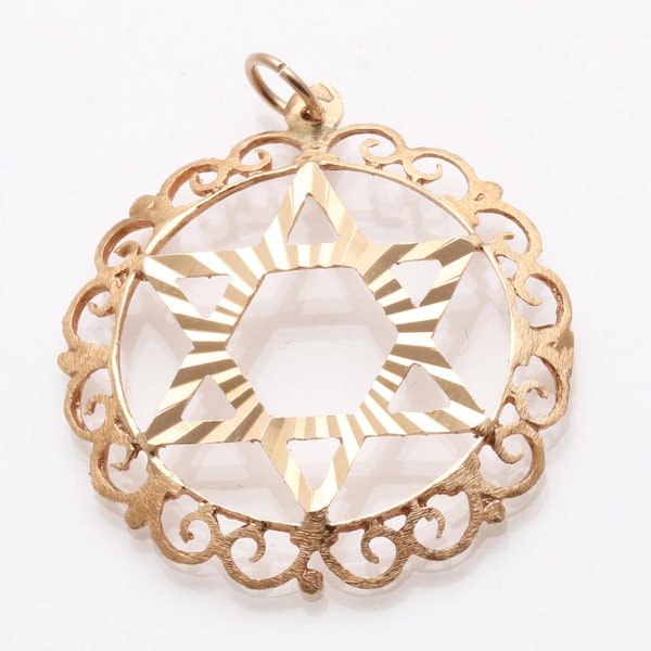 Vintage 14k light rose gold Star of Daivd encircled filigree pendant diamond cut