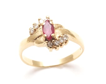 Vintage 14k Ruby & Diamond Marquise Ring yellow gold Dainty Estate