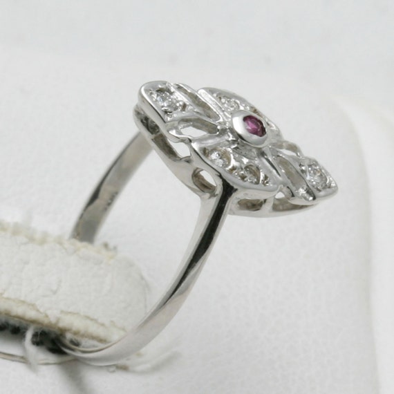 Vintage 14k white gold red Ruby Diamond Ring Vict… - image 4