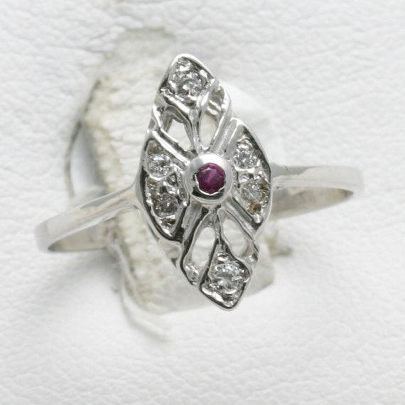 Vintage 14k white gold red Ruby Diamond Ring Vict… - image 1