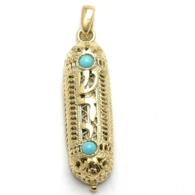Vintage 14k Yellow Gold Mezuzah Pendant Filigree Turquoise Etsy
