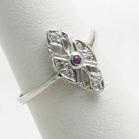 Vintage 14k white gold red Ruby Diamond Ring Vict… - image 2