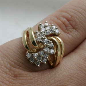 Vintage 14k yellow white gold Diamond Cocktail Cluster Ring 1 carat Large round Estate image 6