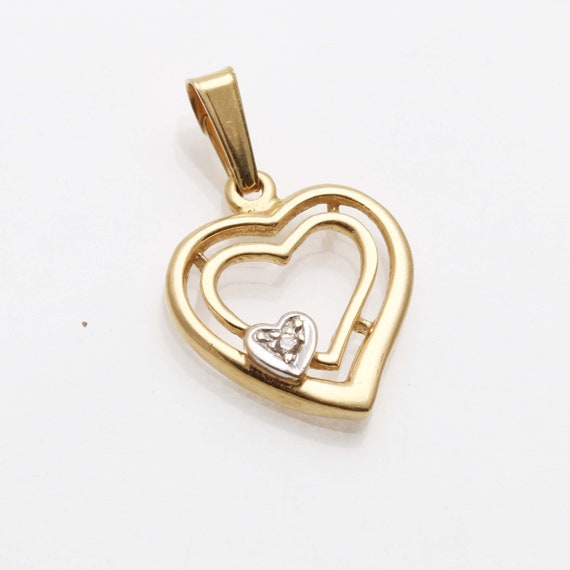 Vintage 14k Heart CZ pendant yellow white gold tw… - image 3