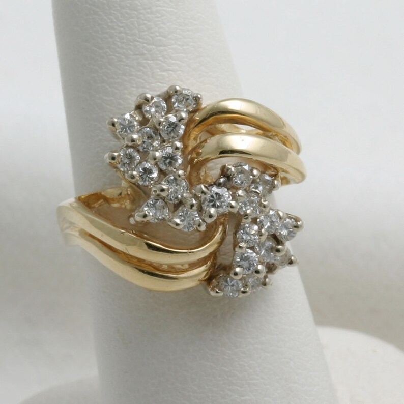 Vintage 14k yellow white gold Diamond Cocktail Cluster Ring 1 carat Large round Estate image 3