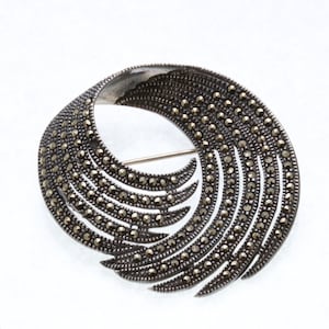 Vintage 925 Sterling Silver Marcasite Swirl Brooch Large Estate Boho